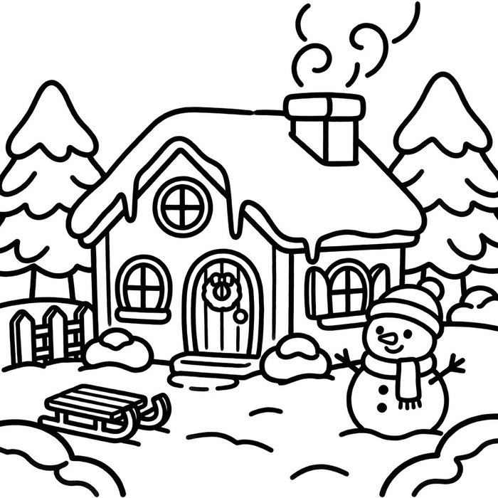 Free coloring page: a snowy cottage with a snowman and a sled