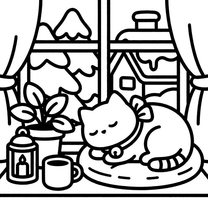 Free coloring page: a cat asleep on a cushion by a frosty window