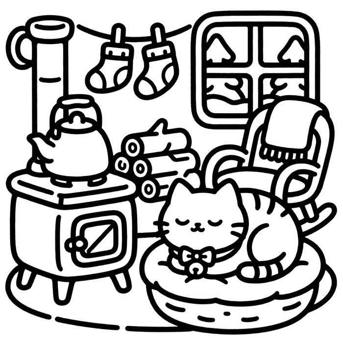 Free coloring page: a cat napping on a round cushion by a woodstove with a kettle